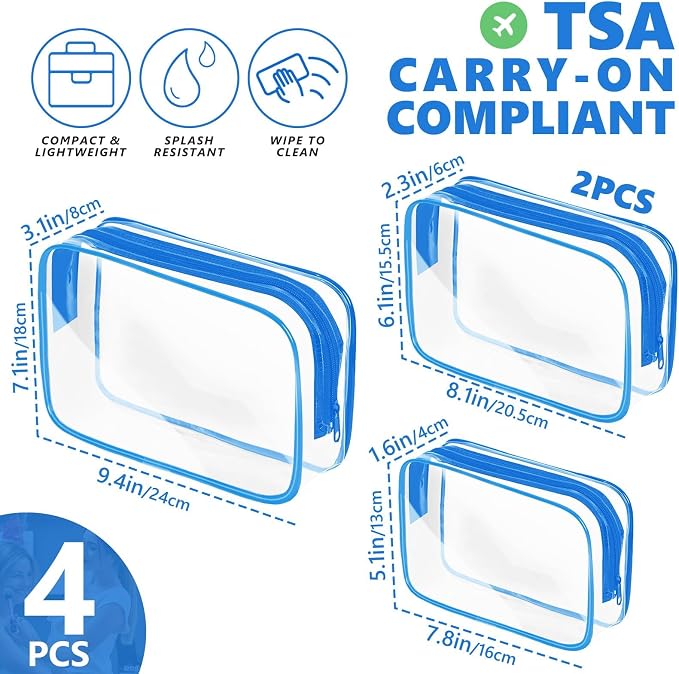 AURUZA Clear Makeup Bag,Portable Travel Toiletry Bags with Zipper, TSA Approved Clear Organizer Bags, PVC Cosmetic Pouch for Airport Airline Compliant (4 Packs Blue) - Image 2
