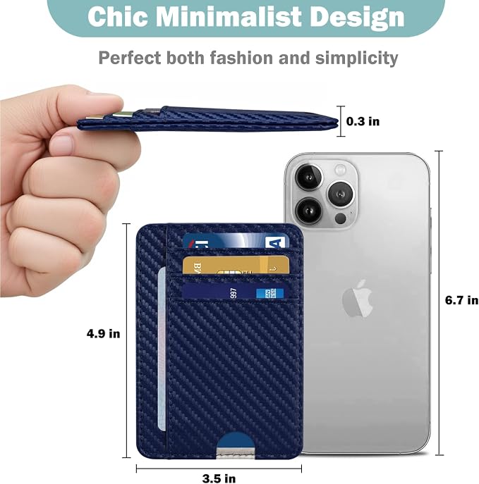 HOTCOOL Slim Wallet for Men, Minimalist Front Pocket Simple Leather Credit Card Holder RFID Blocking for Men & Women, Thin Organizer Gifts, Carbon Fiber - Navy Blue - Image 3
