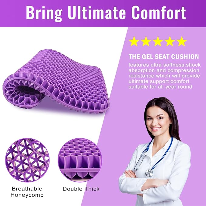 Gel Seat Cushion, for Long Sitting -Double Thick Gel Seat Cushion Breathable Honeycomb Chair Cushion with Non-Slip Cover for Office Chair Car, Wheelchair, Long Trips,Relief Sciatica Pain - Image 6