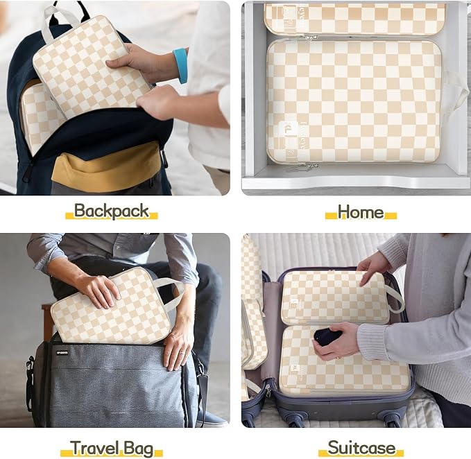 8 Set Compression Packing Cubes Travel, Lightweight Durable Packing Compression Cubes, Accessories Bags Packing Cubes for Travel Luggage Organizer (Khaki Checkered) - Image 7