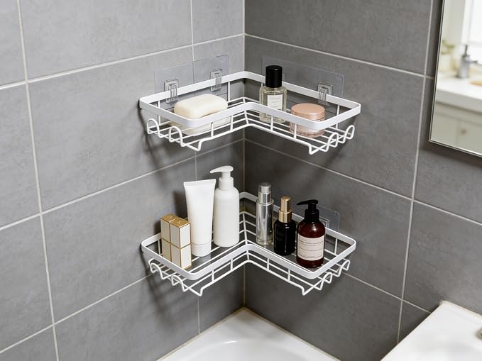 Shower Caddy 2 Pack, No Drilling Adhesive Bathroom Organizer Shelf Rack, Corner Shower Shelf with Hooks for Home Decor & Storage - Image 9