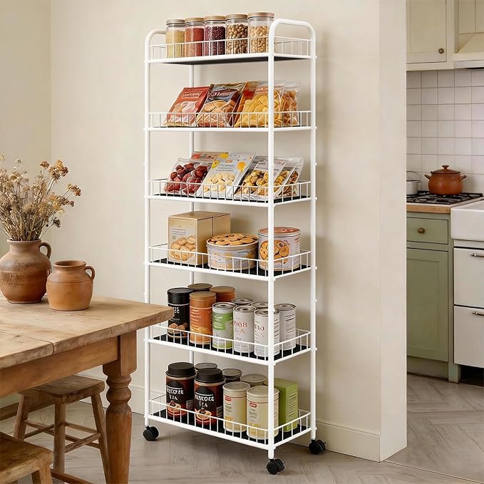 10in Slim Storage Cart, Metal 6-Tier Narrow Rolling Shelf, Sturdy Slim Storage with Hooks Ideal for Kitchen, Bathroom, and Laundry Room (10in White) - Image 8