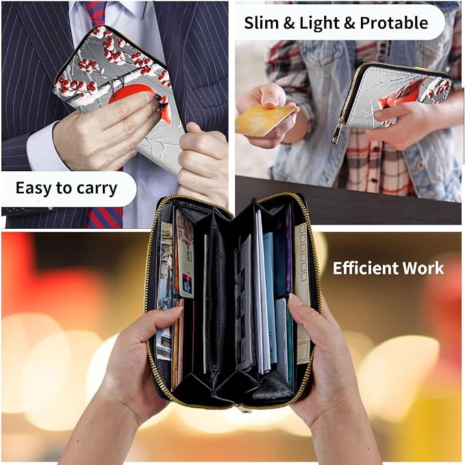 Wallet,Leather Long Wallet Suitable For Ladies And Teenagers - Detachable Wristband + RFID Travel Wallet With Card Slot - Cardinal in Snow - Image 7