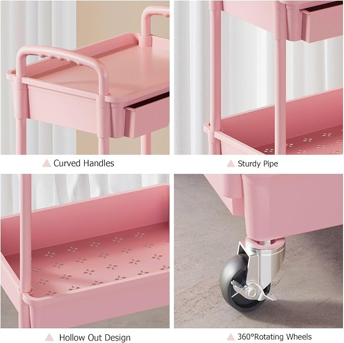 3 Tier Rolling Utility Cart with Drawer, Plastic Storage Organizer Rolling Carts with Wheels Handles Hanging Cups Hooks for Office, Bathroom, Kitchen,Craft Art Room (Pink) - Image 5