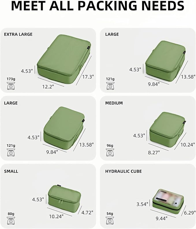 6 Set Compression Packing Cubes for 7–14 Day Travel, Forest Green | Nylon Oxford Fabric, Full Breathable Mesh, Reinforced Double-Zipper, Small to Large Size Bag, Expandable Packing System - Image 8