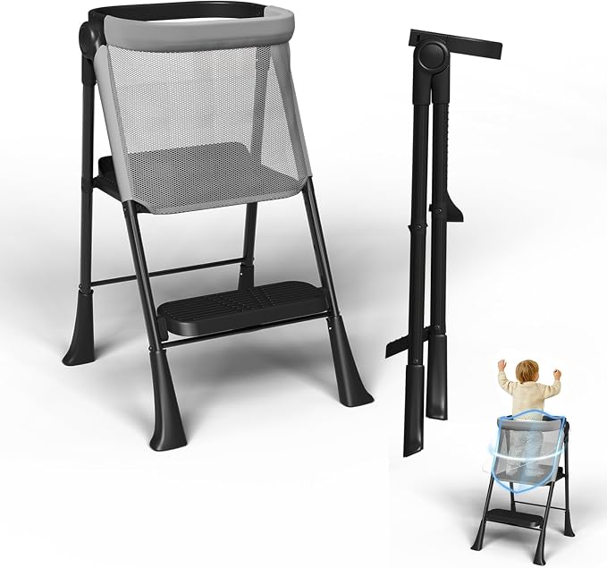Toddler Tower Foldable, Foldable Toddler Standing Tower for Bathroom Sink or Kitchen Counter with Safety Net, Suitable for 1-6 Years，Black-White by RGKQSY