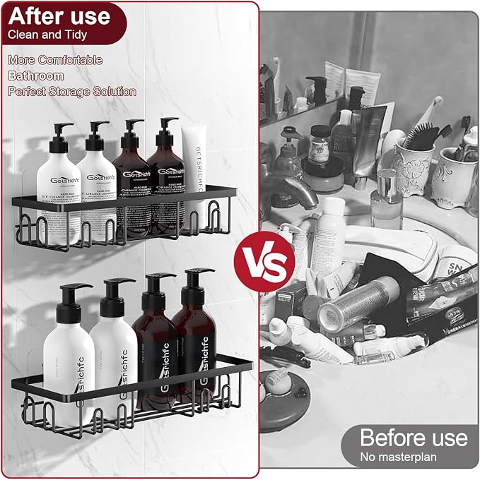 Getsrichfc Shower Caddy Adhesive, Rustproof Shower Shelves for Inside Shower, Large Capacity Bathroom Organizers and Storage, Shower Storage with Removable Hooks, No Drill Bathroom Accessories Black - Image 2