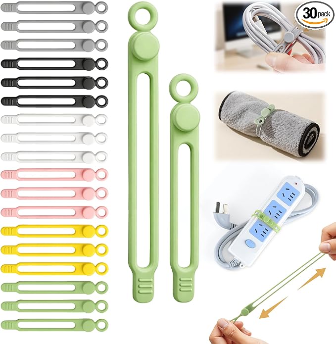 30 Pcs Silicone Cable Ties, Reusable Data Cable Organizer Wire Organizers for Office, Multipurpose Elastic Cord Wraps Cable Management for Charging Cord,Appliances,Home,Office,Kitchen,School,Travel | High Elastic, Multipurpose, Cable Management for Cha... by AWROSE