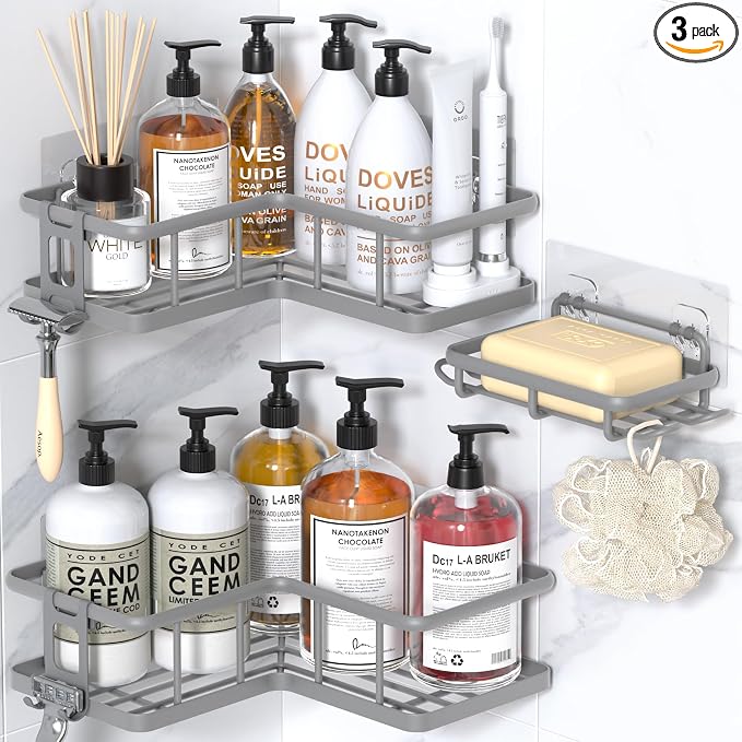 Corner Shower Caddy Adhesive, 100% Rustproof Shower Organizer with Soap Holder, No Drill Shower Shelf for Inside Shower, Wall-Mounted Shower Storage for Homes (3 Pack, Grey) by YASONIC