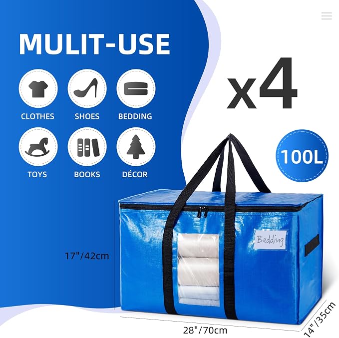 TAILI 4 Pack Blue Extra Large Moving Bags,Storage Bags with Visible Window | 93L Heavy Duty Totes For Storage,Wrap Around Handles,Alternative to Moving Boxes, College Dorm,Perfect for Moving - Image 6