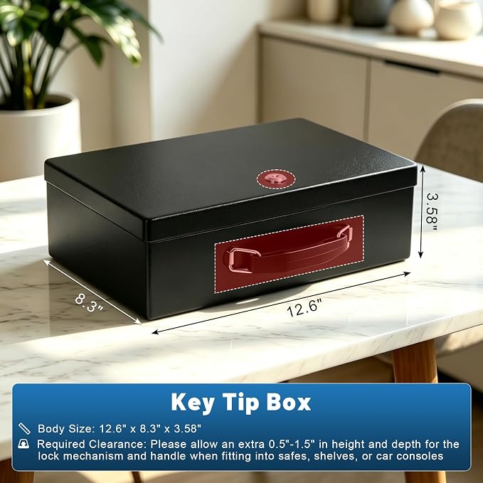 KYODOLED Fireproof Document Box with Key Lock, Small Lock Boxes for Personal Items, Fire and Water Resistance, Fireproof Safe Box for Documents, Jewelry, Passport, Cash, 12.6'' x 8.3'' x 3.58'' Black - Image 4