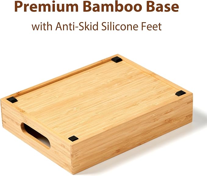 Bamboo Food Container Lid Organizer for Kitchen Cabinet and Drawer | Adjustable Slots - Premium Bamboo, Pretty Color - Sturdy Versatile Caddy for Snack, Spice - Anti-Skid Silicone Pads - Image 6