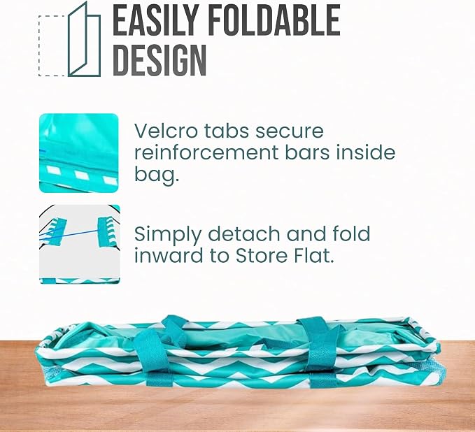 Extra Large Utility Tote Bag - Oversized Collapsible Reusable Wire Frame Rectangular Canvas Basket With Two Exterior Pockets For Beach, Pool, Laundry, Car Trunk, Storage - Chevron Teal - Image 6