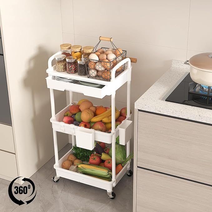 3 Tier Rolling Utility Cart with Drawer, Plastic Storage Organizer Rolling Carts with Wheels Handles Hanging Cups Hooks for Office, Bathroom, Kitchen,Craft Art Room (White) - Image 4