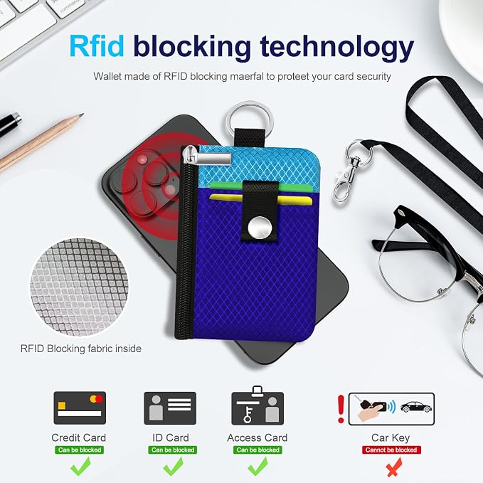 Minimalist RFID Blocking Small Wallet with ID Window,WaterResistant Zip Id Case Wallet with Lanyard Keychain for Cards,Cash,Travel,Women,Men (Sapphire Blue/Lake Blue) - Image 4