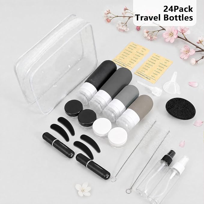 24 Pack Travel Bottles for Toiletries -TSA Approved Leak Proof Silicone Set | Refillable Travel Size Containers Kits with Perfume Spray Bottle for Shampoo, Conditioner, Lotion, Cosmetic (Black) - Image 5
