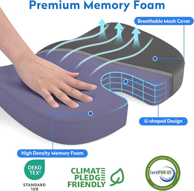 CushZone Memory Foam Seat Cushion for Office Car & Wheelchair, Gray | U-shaped Coccyx Cutout, Contoured Design, Breathable Removable Mesh Cover, Non-Slip Base, Carry Handle - Image 2