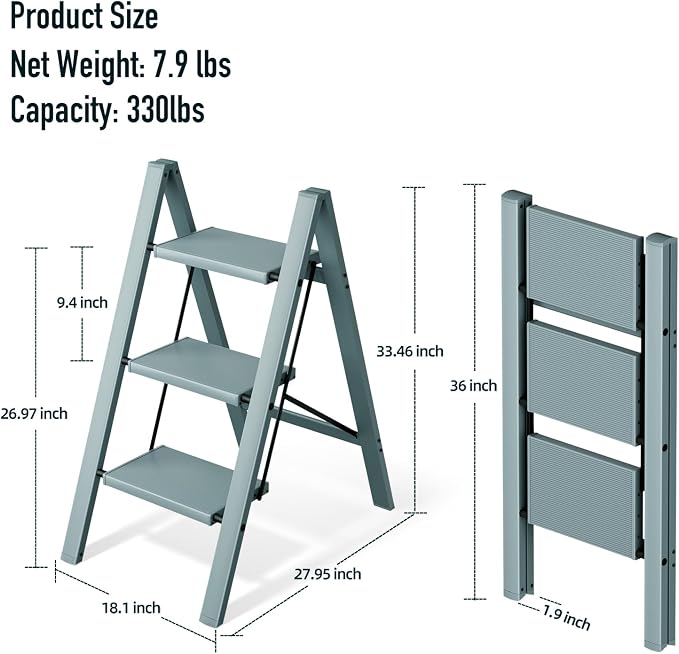 Mayi Plus 3 Step Stool Foldable, Aluminum, Lightweight Step Ladder | Extra-wide anti-slip folding steps with 330 lbs, for home,kitchen,office,outdoor,office,Blue - Image 6