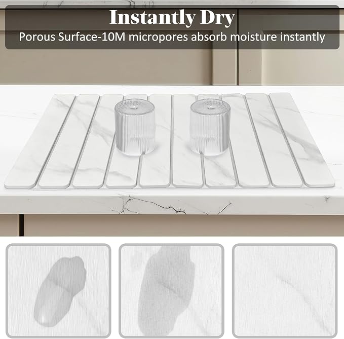 Large Stone Dish Drying Mat for Kitchen Counter, Foldable Quick Drying Dish Mats, Ultra Absorbent Diatomaceous Earth Mats for Dishes Bottles Cups, Match Any Countertop (White Marble 24"×16" & 8"x4") - Image 4