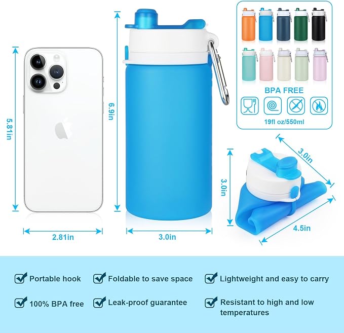 PLTCAT Collapsible Water Bottle, 19oz Foldable Bottle BPA Free Reusable Lightweight Leak-Proof Travel Silicone Water Bottle for Travel, Gym, Hiking, Office, Camping - Image 4