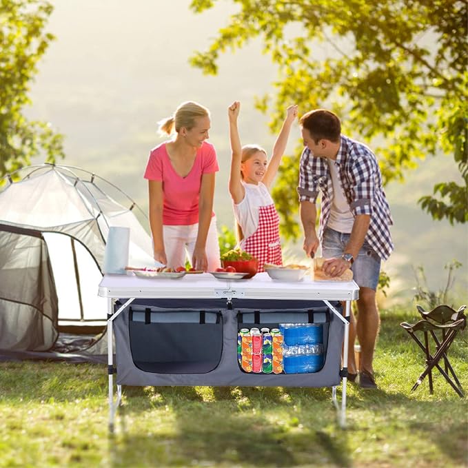 Folding Camping Table with Storage, Adjustable Height | Lightweight aluminum folding table with storage compartment for camping, tailgating, picnics, BBQs and backyard use - Image 4