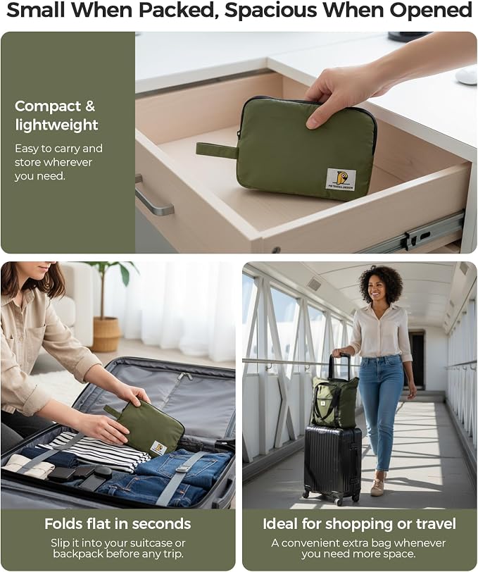 Foldable Travel Bag, 26L Duffle Bag for Travel, Expandable Second Carry-On Bag for Travel & Shopping, Water-Resistant Personal Item Bag, Olive Green - Image 2