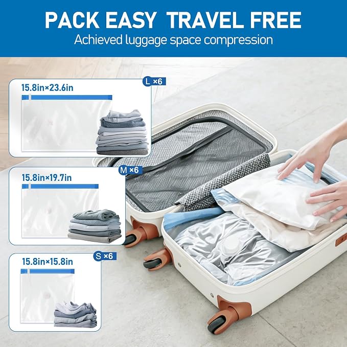 VMstr Vacuum Seal Bags for Clothing Travel, Vacuum Storage Bags with USB Electric Pump, Compression Space Saver for Luggage Suitcase 18 Combo Bags + USB Pump - Image 3