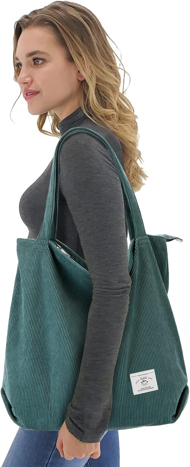 KALIDI Women Corduroy Tote Bag Zipper Casual Tote's Handbag Big Capacity Shoulder Bag with Pockets - Image 2