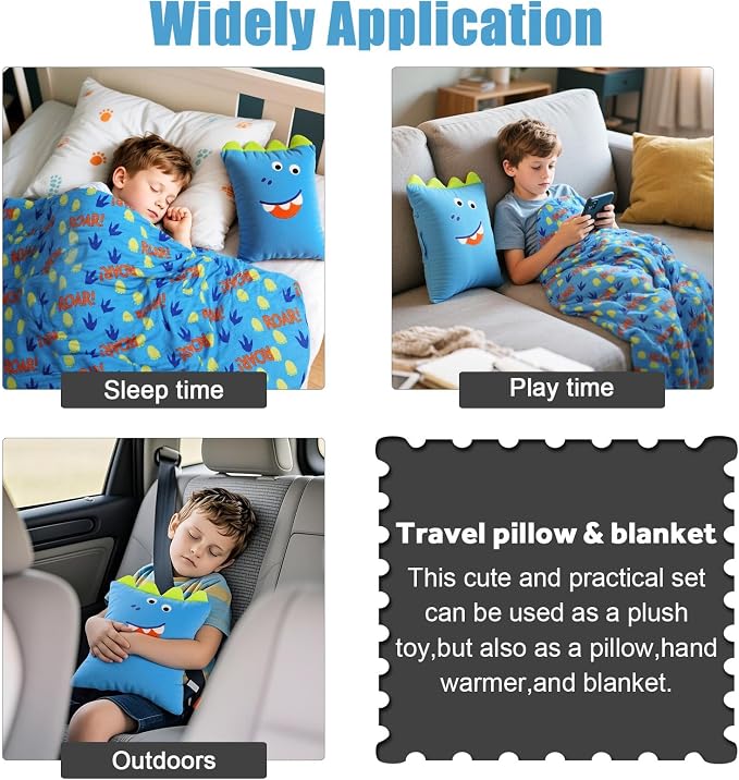 3 in 1 Dinosaur Kids Travel Pillow and Blanket Set | Plush Pillow with Hand Warmer,40x60 Inch Blanket and Pillow Set for Boys Birthday Christmas Party Favors and Travel Essential - Image 7