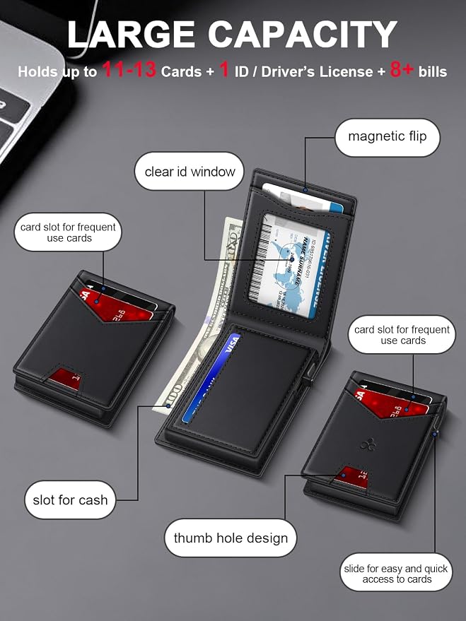 Wallet for Men RFID Blocking Minimalist Card Holder Wallet for 12-14 Cards | Slim Bifold Smart Wallet with ID Window & Cash Slot, Front Pocket Compact Metal Credit Card Case, Birthady Gifts for Men - Image 5
