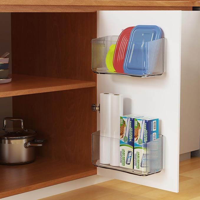 Cruet stands, 2 Pack Cabinet Door Organizers Plastic Wrap Holders for Kitchen Organizers, No drilling Wall Door Mount Kitchen Wrap Rack for Foil Wrap, Cling Wrap, and Food Bags, Clear - Image 3