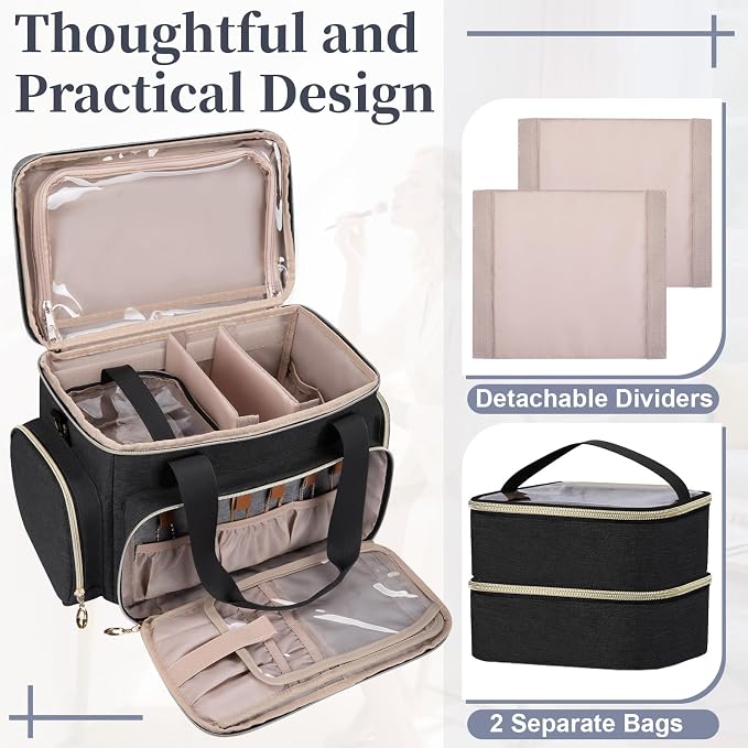 GDNasist Large Makeup Bag, Portable Travel Makeup Bag Organizer | Cosmetic Travel Bag for Women Girls with 2 Removable Pouches & Detachable Dividers, Toiletry Bag for Makeup and Hair Supplies - Image 7