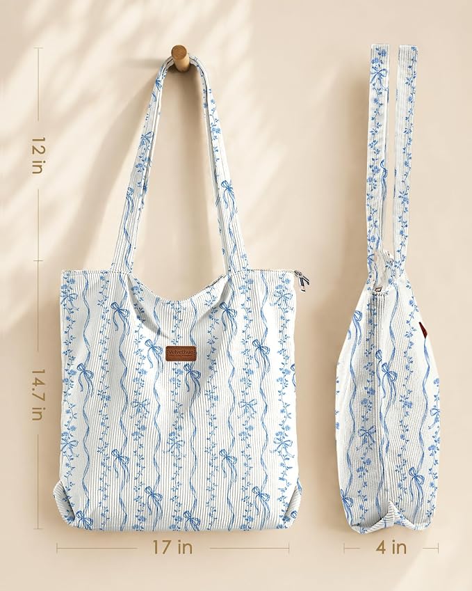 Aesthetic Corduroy Tote Bag with Zipper for Women | Reusable, Fits 14 Inch Laptop, Inner Pocket, double-sided print, Lightweight - Image 5