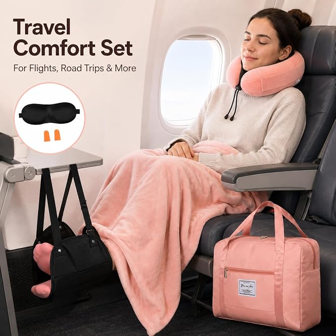 Travel Pillow and Blanket Set - Foot Hammock Rest Airplane Essentials, Pink | Memory Foam Neck Pillow Plane Foot Rest Airplane Accessories Essentials, Foldable Duffel Bag Eye Mask Earplugs for Comfort - Image 7
