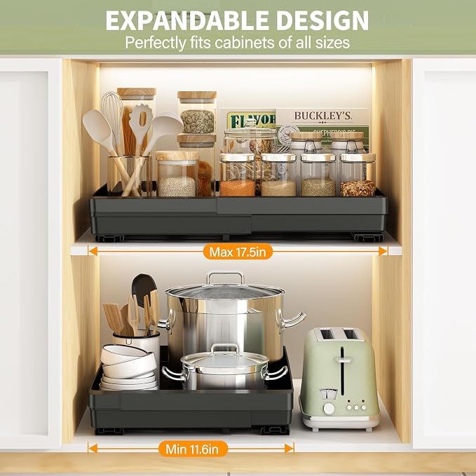 DOMNIU Pull Out Cabinet Organizers Expandable,Black,16.9"Depth,2 Pack | Slide Out Drawers for Kitchen, Bathroom, Pantry, Under Sink Storage, Fixed with Adhesive Nano Film (11.6''-17.5'') - Image 2