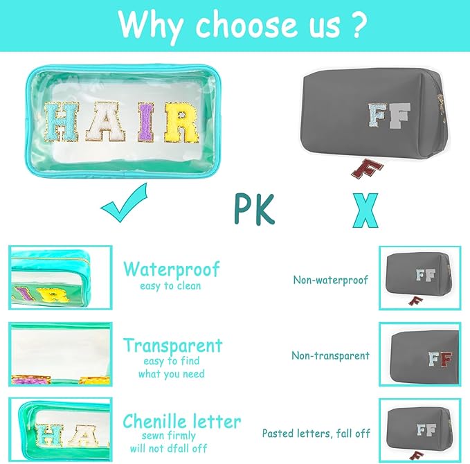 Bunliuys Chenille Letter Clear Makeup Bag Meds Patch, Travel Toiletry Makeup Bag with Handle, Nylon Waterproof Makeup Bags clear cosmetic bag, preppy patch makeup bag for Women (MEDS-Mint Green) - Image 4