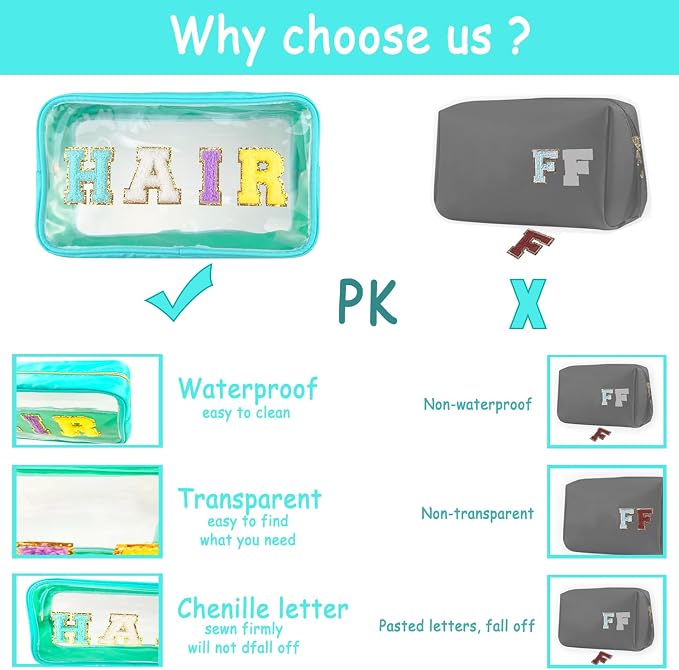 Chenille Letter Clear Makeup Bag Stuff Patch, Travel Toiletry Makeup Bag with Handle, Nylon Waterproof Makeup Bags clear cosmetic bag, preppy patch makeup bag for Women (STUFF-Mint Green) - Image 4