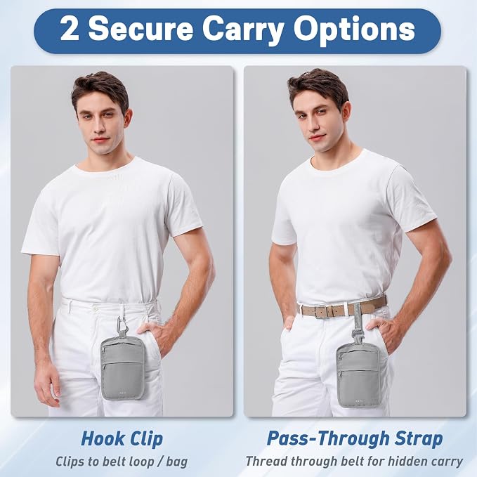 Anti-Theft Belt Waist Travel Wallet Hidden Passport 3-Zone Clip Carabiner | Water-resistant fabric with RFID blocking liner, fits passport, tickets, cards, and cash in 3 zones - Image 4