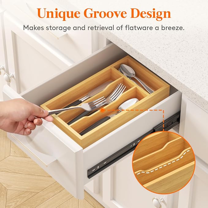 Lifewit Silverware Drawer Organizer, Wooden Utensil Tray for Kitchen | Flatware and Cutlery Holder, Adjustable Storage for Spoons Forks Knives, 6.9 x 12.8", Natural - Image 4