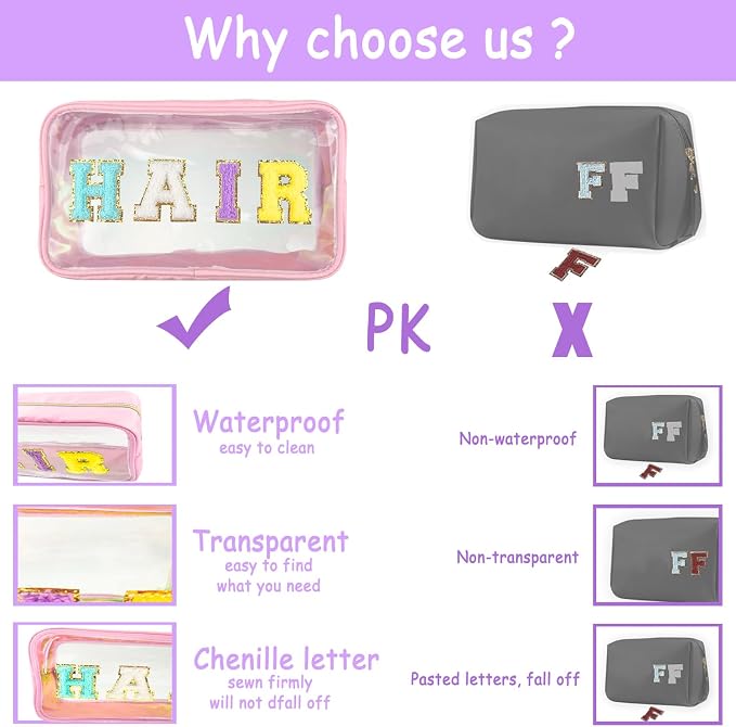 Bunliuys Chenille Letter Clear Makeup Bag Travel Patch, Travel Toiletry Makeup Bag with Handle, Nylon Waterproof Makeup Bags clear cosmetic bag, preppy patch makeup bag for Women (TRAVEL-Violet) - Image 4