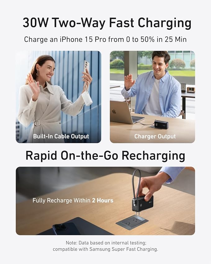 Anker Nano 3-in-1 Portable Charger,10,000mAh 30W Travel Power Bank | Battery Pack with Built-In USB-C Cable and Foldable Wall Plug, for iPhone 17 / 16 / 15 Series (Violet) - Image 3