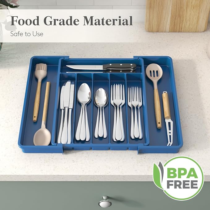 Lifewit Expandable Silverware Drawer Organizer, Kitchen Utensil Tray | BPA-free Plastic Flatware Cutlery Holder, Space-Saving Storage for Spoons Forks Knives, 11-18 x 14 x 1.5“, Dark Blue - Image 7