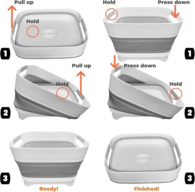 2.6 Gallon Collapsible Wash Basin - Large Capacity Portable Dish Tub with Drain Plug for Baby Bottles, RV Camping Kitchen, Space-Saving Foldable Sink (Gray) - Image 6
