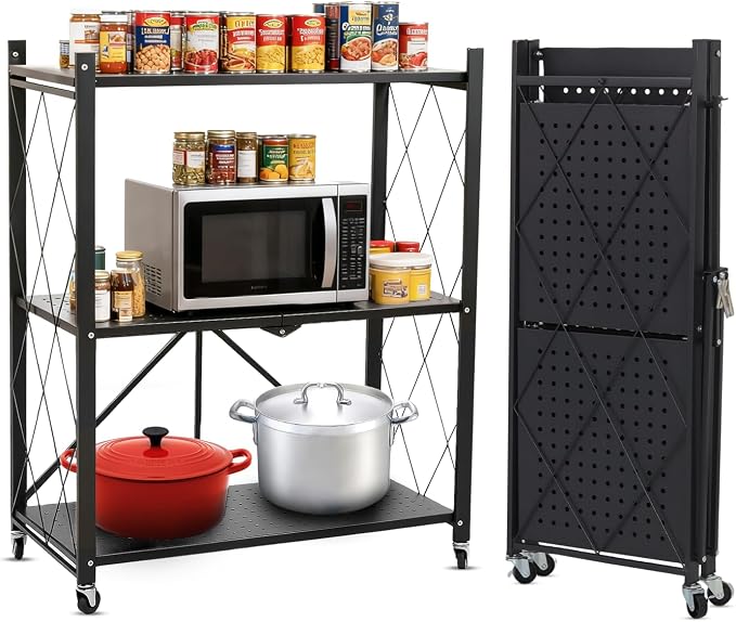 COKIHOM 3-Tier Folding Shelf, No Assembly Metal Shelving Unit with Wheels, Heavy Duty Folding Bookshelf, Space Saving Foldable Storage Shelf for Kitchen, Books, Pantry, Bathroom Organization - Image 9