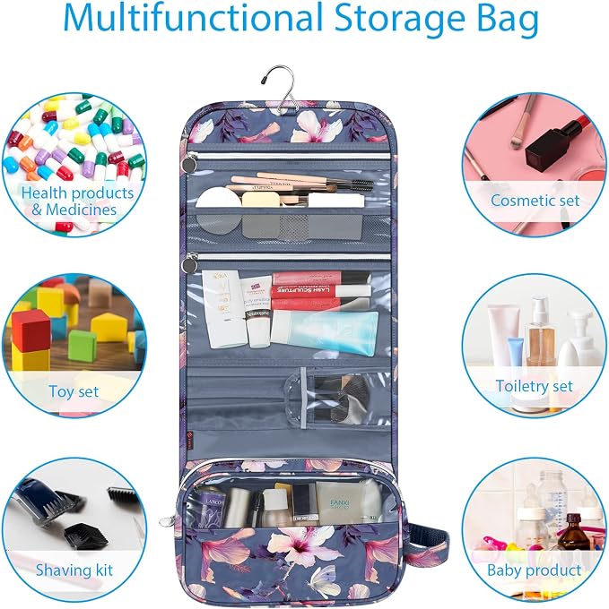 FINTIE Portable Toiletry Cosmetic Travel Bag Hanging Makeup Organizer | Large Water Resistant Storage Pouch Case, For Women Girls, Blooming Hibiscus - Image 5
