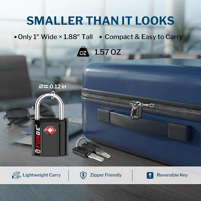 Forge Small Size TSA Approved Luggage Locks. Key Locks for Travel. Ultra Secure Dimple Key Travel Locks Alloy Body Luggage Locks. 4 Color Pack. - Image 3