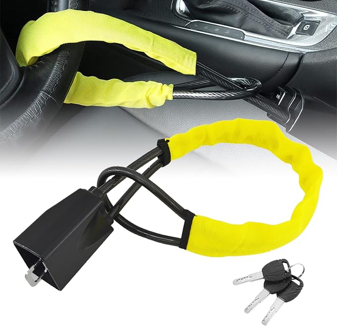 DualGuard Car Steering Wheel & Seat Belt Lock - 17" Universal Anti-Theft Device for Vehicles, SUVs, Golf Carts | Compact & Lightweight Security Lock with Multi-Function Keys (Yellow) by Unknown