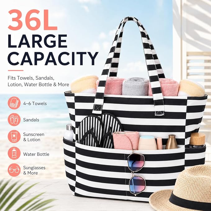 LEDAOU Large Beach Bag for Women, Waterproof Sandproof Tote Bag with Zipper | 36L Pool and Swim bag with Zipper, Wet/Dry pocket and 7 Pockets for Beach Days, Cruises, Vacations and Family travel - Image 5