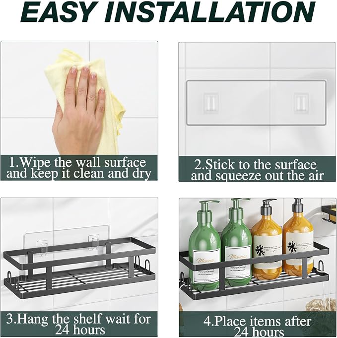 Youvip Adhesive Shower Caddy, Black, 3 Pack | Shower Shelves, Soap Holder and 12 Hooks, Rustproof, No Drilling, Bathroom Organizer and Storage - Image 9