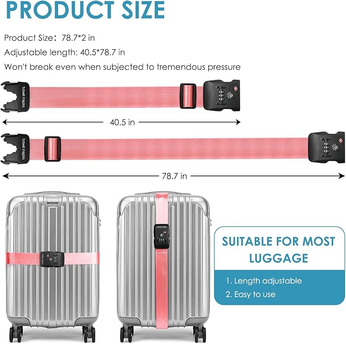 Travel Inspira Heavy Duty Luggage Straps with TSA Lock | Anti-Burst Protection; High Visibility Pink; TSA-Lock Belt with Tag; Adjustable 103-200cm; 20-28 Inch Bags; Quick Release - Image 7